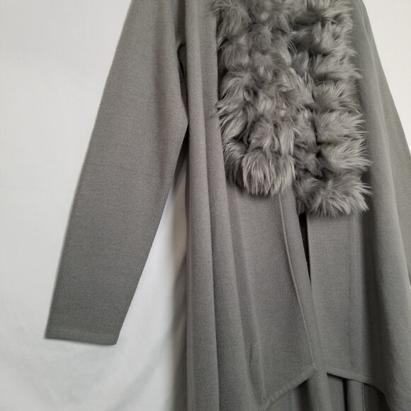 Alfani Faux Fur Trim Sweater Ribbed Open Cardigan Coatigan Gray Hi/Low Size XS - Picture 2 of 8